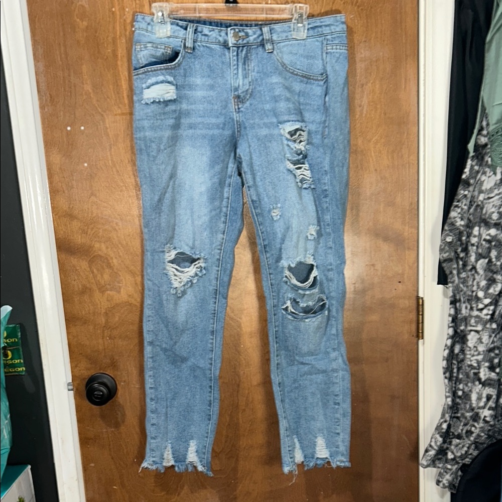 Blue Straight Leg Distressed Jeans